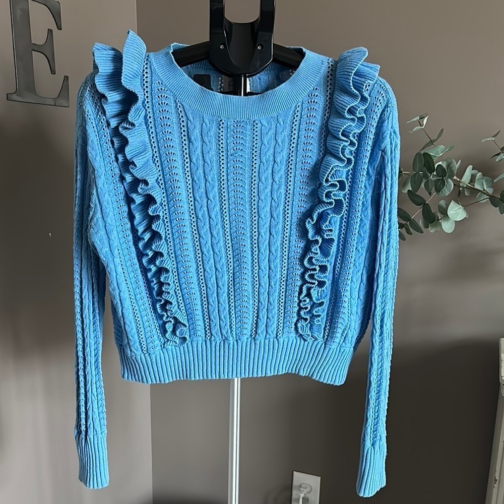 blue rain Cropped Blue Ruffled Junior’s Sweater